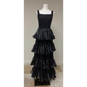 Genavieve The Label Ruffle Layered Accent Side Slit Maxi Evening Dress Black